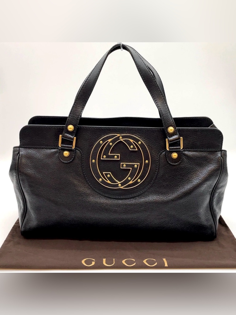 Gucci Black Leather Shoulder Bag with Gold Logo Medallion